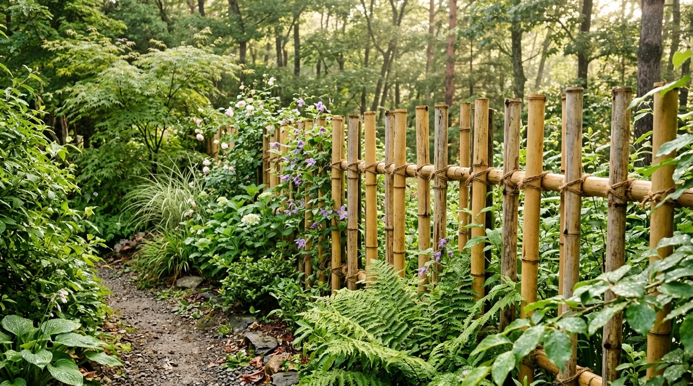 Natural Bamboo Fence With Surrounding Greenery